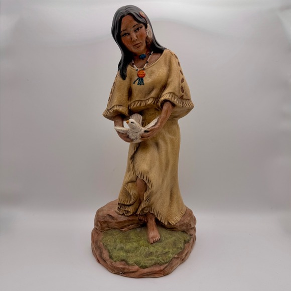 Provincial Mold Other - Native Woman Holding Dove Ceramic Figurine Signed Southwest Boho Rustic Decor